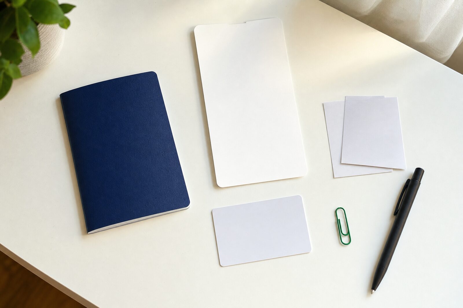 A navy passport booklet, blank cards and photographs laid out on a desk