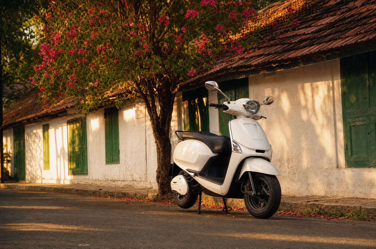 A white scooter parked on a quiet Thrissur street at golden hour