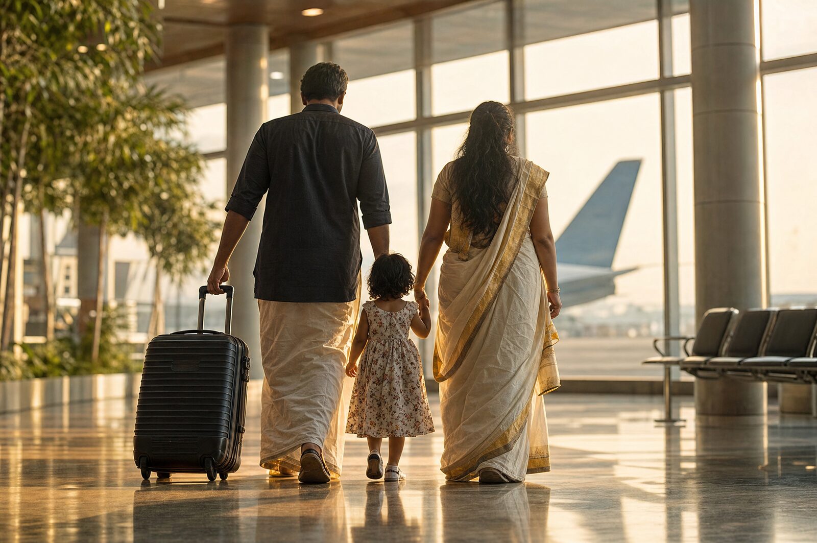 A family walks with a suitcase through an airport departure hall at sunrise